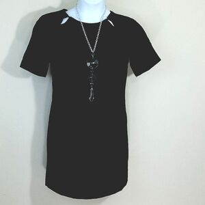 Black Crepe Mini Dress M Short Sleeve Side Keyhole Cutouts Lined Cocktail LBD